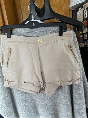 Bebe Linen Short Tan Gold Zipper Pocket Medium
